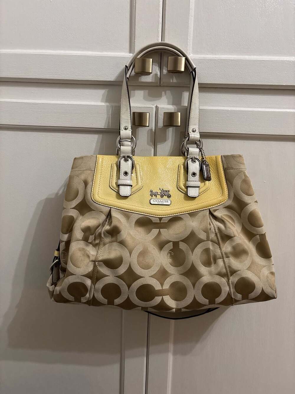 Coach Penelope Signature Carryall Handbag Khaki Yellow 14578
